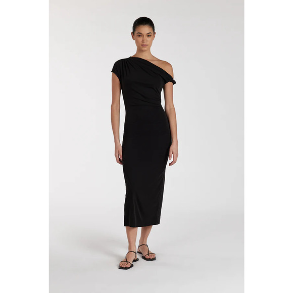 Dissh Rio Ruched Asymmetric Neck Draped Knit Bodcycon Midi Dress Washed Black S - Picture 1 of 6